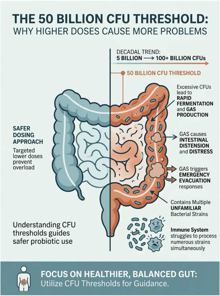Infographic explaining the 50 billion CFU threshold for probiotics, detailing effects on gut health and dosing recommendations.