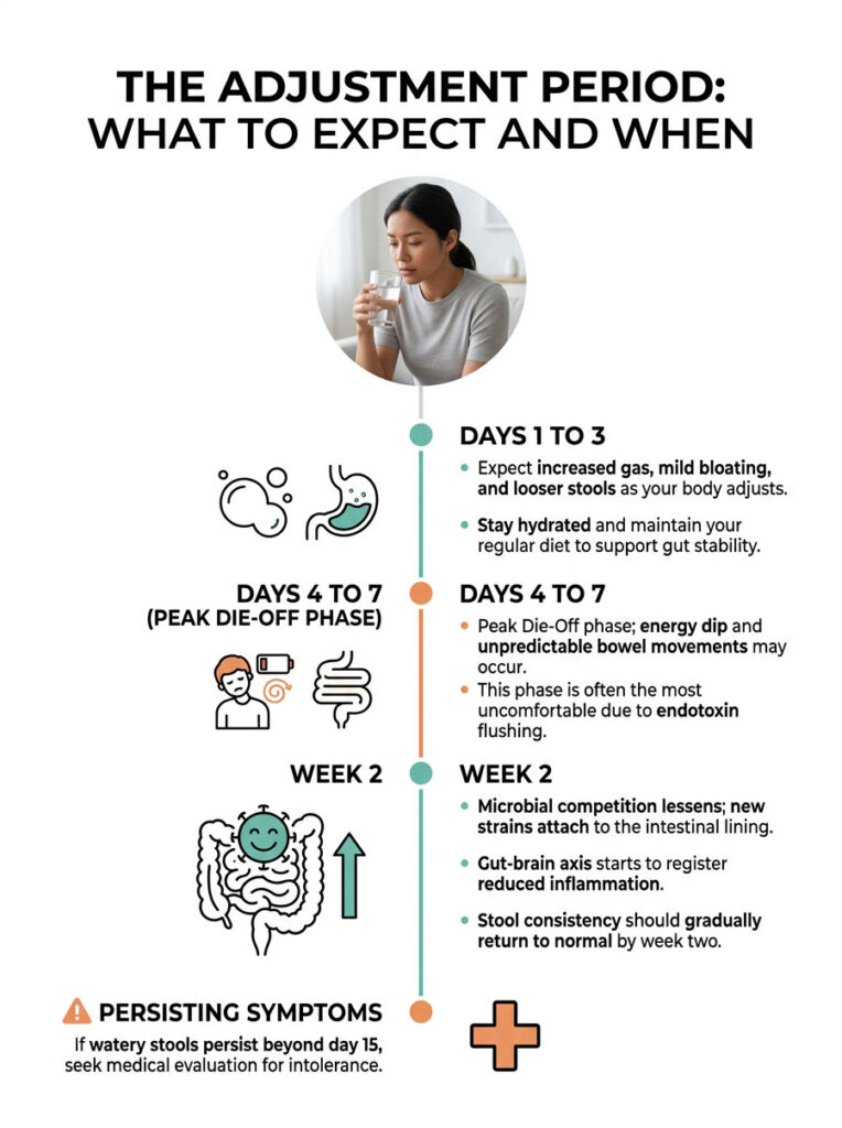 Infographic detailing the adjustment period for dietary changes, including symptoms and phases from days 1 to 14.