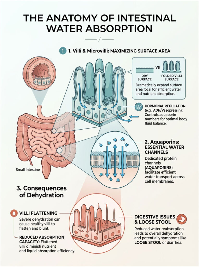 Infographic illustrating intestinal water absorption, featuring villi, aquaporins, and dehydration consequences.