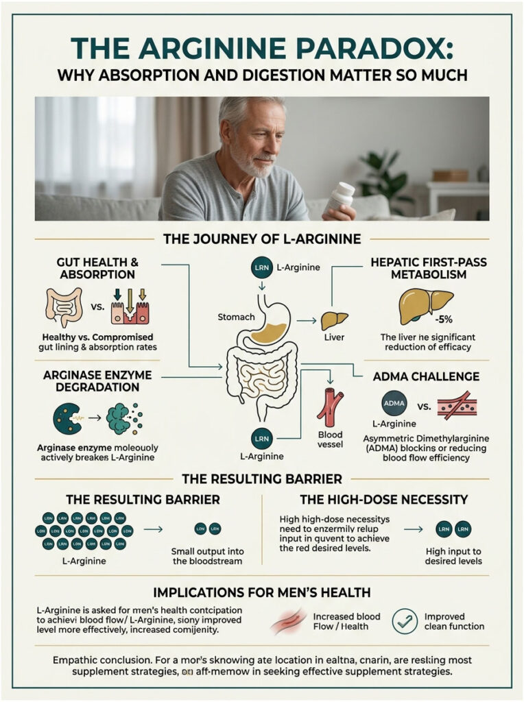 Infographic explaining the journey of L-Arginine, including gut health, metabolism, and implications for men's health.