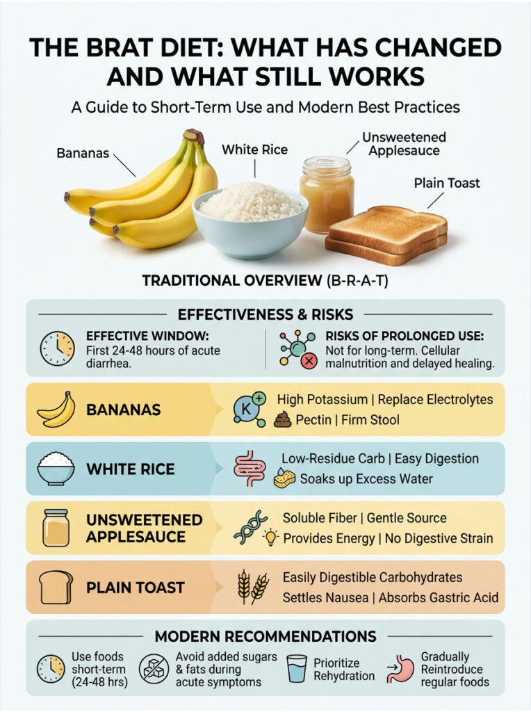 Infographic detailing the BRAT diet with food items, effectiveness, risks, and modern recommendations.