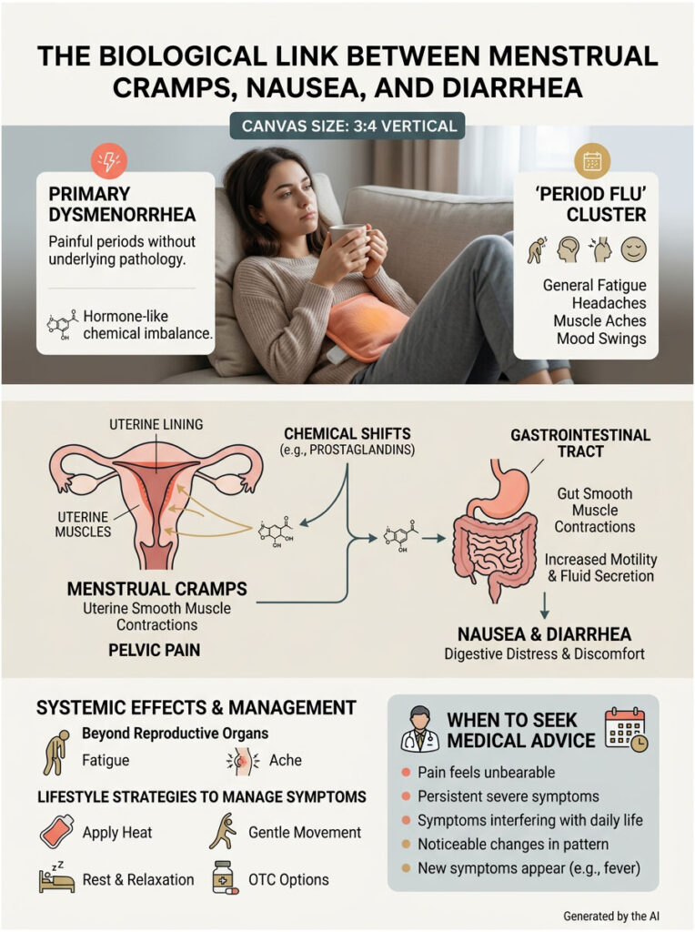 Infographic showing the link between menstrual cramps, nausea, and diarrhea with illustrations and data points.