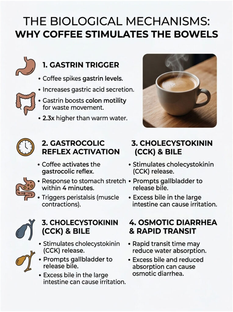 Infographic explaining how coffee stimulates the bowels with four mechanisms and a coffee cup image.