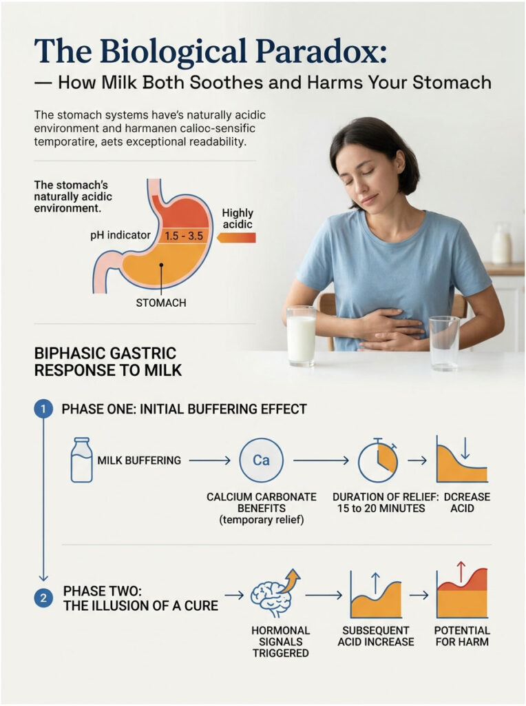 Infographic explaining how milk affects stomach acidity with pH levels, phases of response, and illustrations.