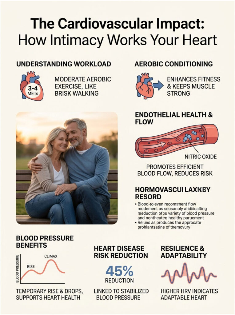 Infographic explaining cardiovascular impact of intimacy with charts, icons, and text on heart health benefits.