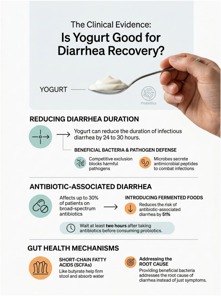 Infographic showing yogurt's benefits for diarrhea recovery, including statistics and health mechanisms.