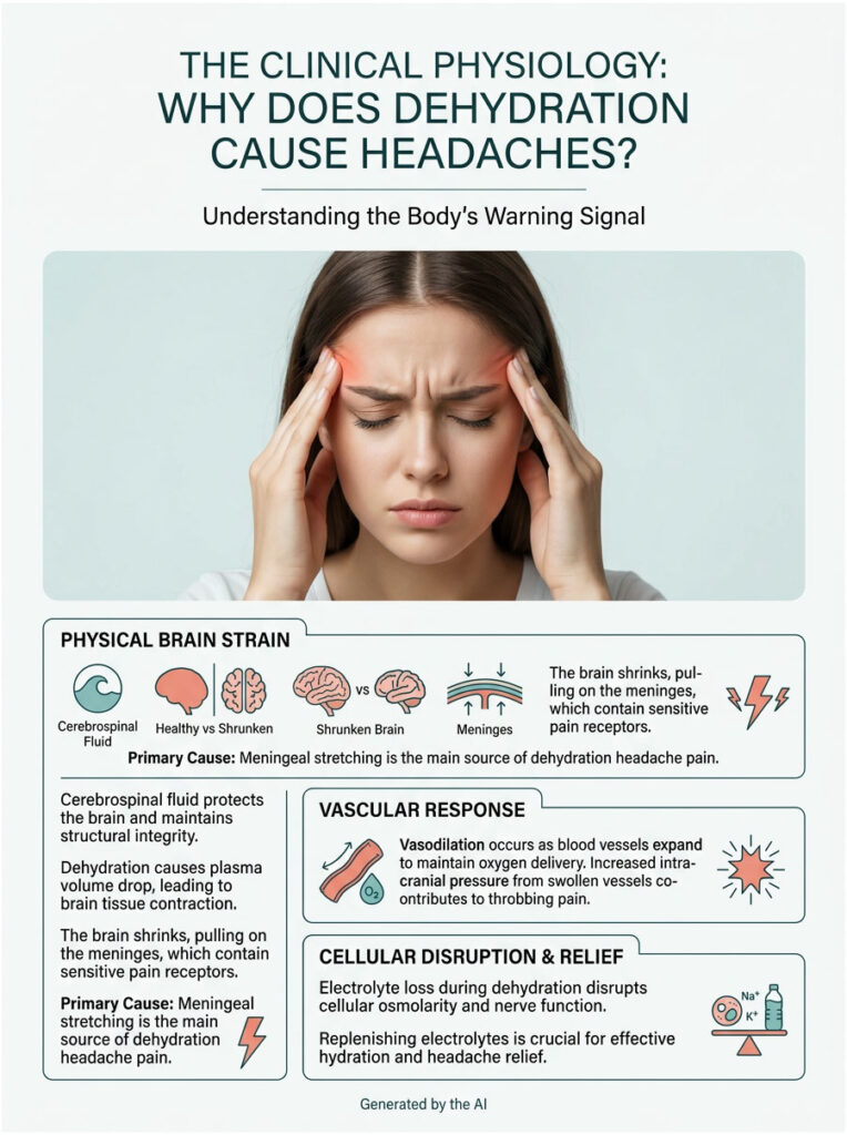 Infographic explaining dehydration's effect on headaches, showing brain images, symptoms, and physiological responses.
