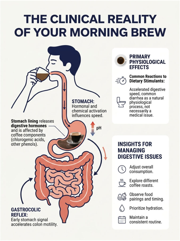 Infographic showing the digestive effects of coffee, including stomach reactions and management tips for digestive issues.