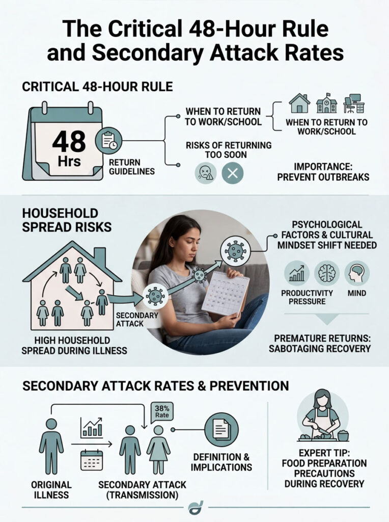 Infographic showing the 48-hour rule, household spread risks, and secondary attack rates with relevant icons and data.