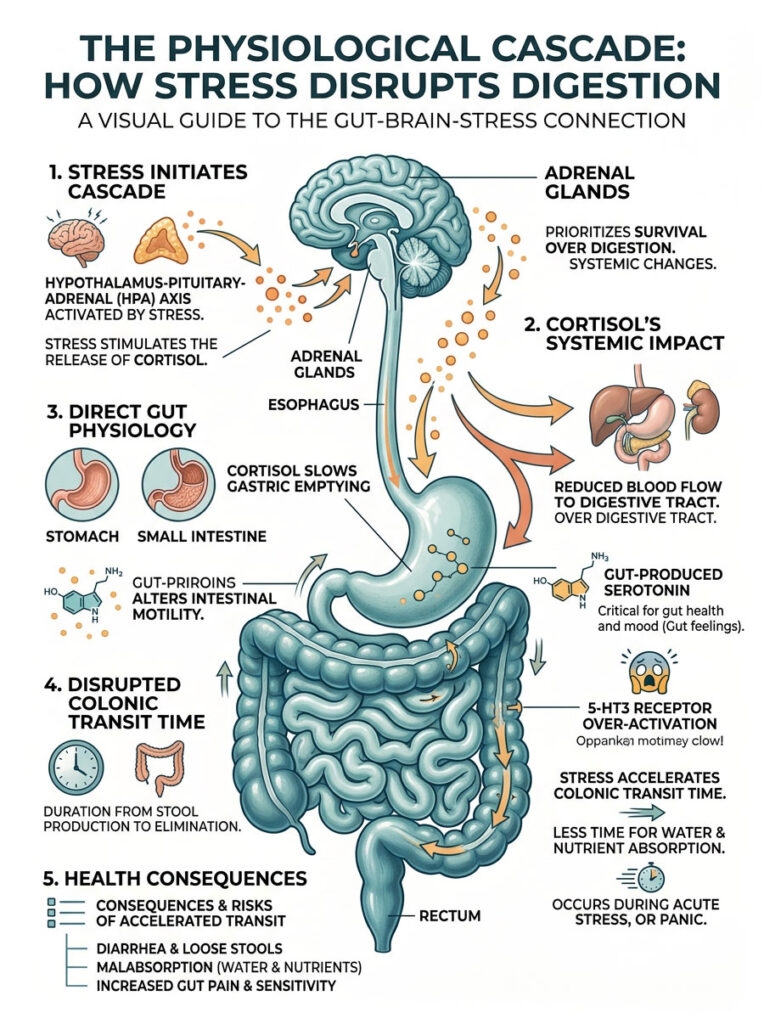 Infographic illustrating how stress disrupts digestion, showing brain, gut physiology, and health consequences.