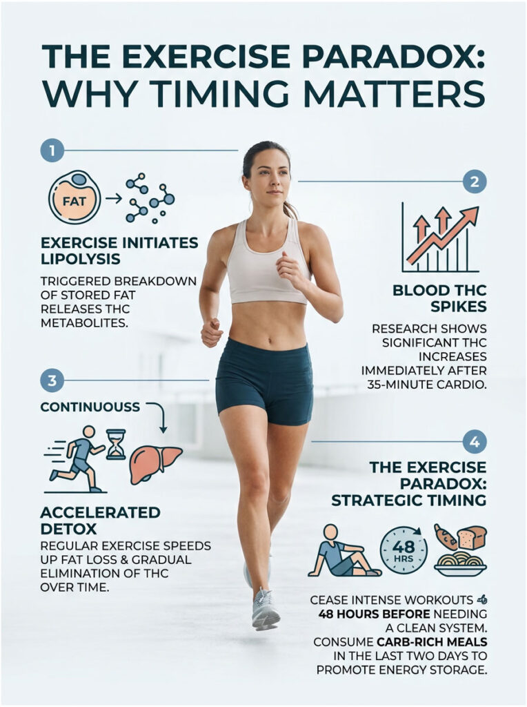 A woman runs while an infographic explains the exercise paradox and THC timing with four key points.