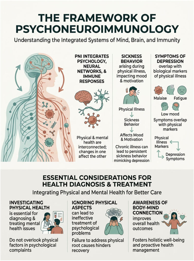 Infographic illustrating psychoneuroimmunology, showing mind, brain, and immune system connections with key data points.