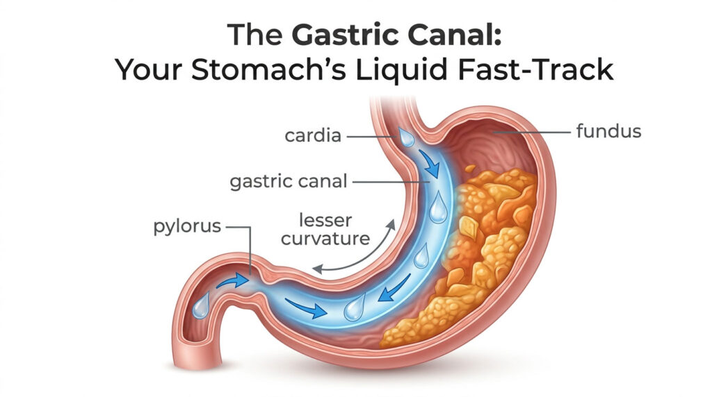 Diagram of the gastric canal showing stomach anatomy with labels for cardia, fundus, pylorus, and lesser curvature.