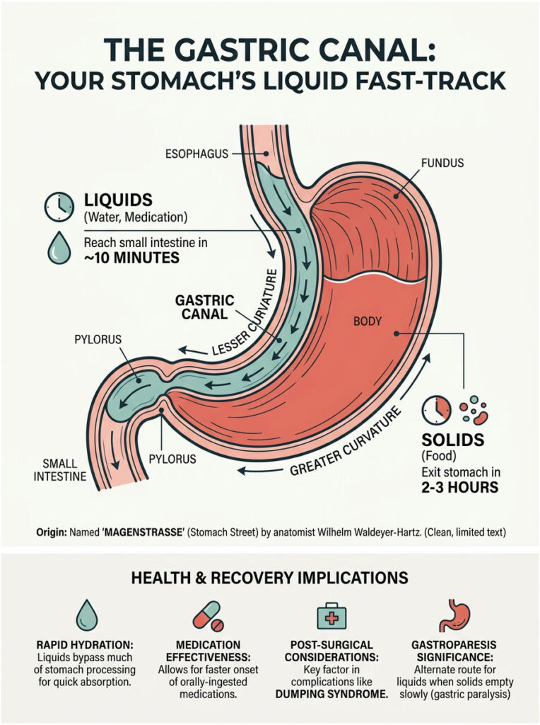 Diagram of the gastric canal showing liquid and solid digestion times, with health implications and labeled anatomy. Infographic.
