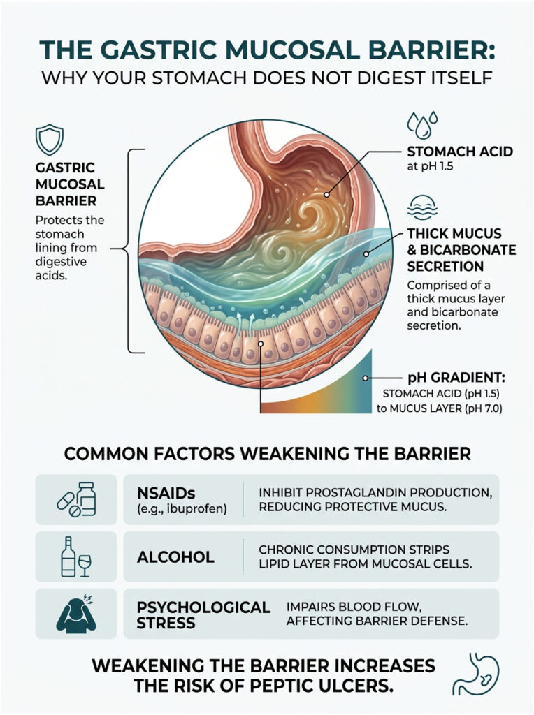 Infographic explaining the gastric mucosal barrier, showing stomach acid, mucus secretion, and factors weakening it.