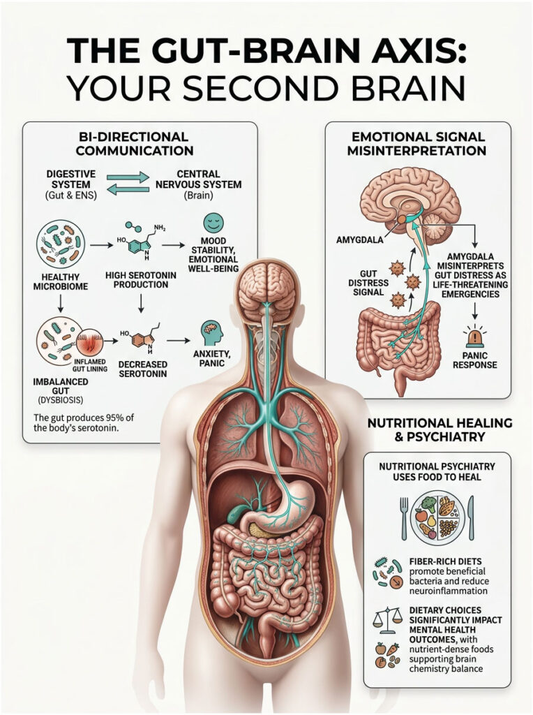 Infographic illustrating the gut-brain axis, showing communication between the digestive system and brain, with key data points.