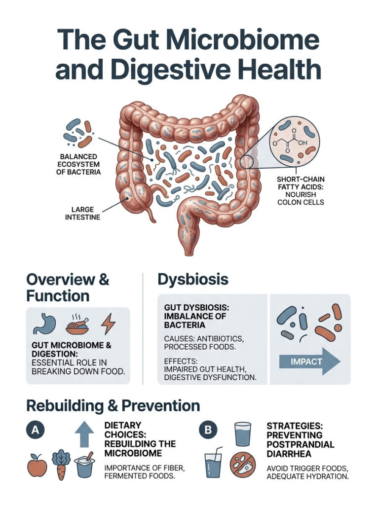 Infographic illustrating the gut microbiome, its functions, dysbiosis causes, and prevention strategies.