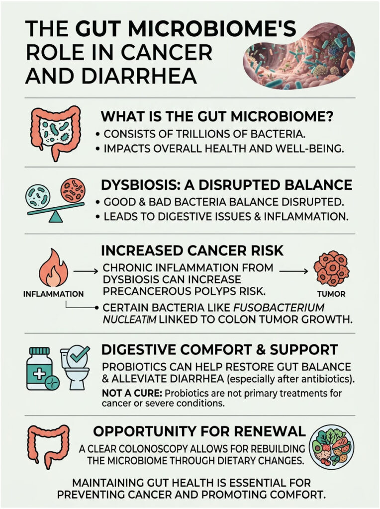Infographic explaining gut microbiome's role in cancer and diarrhea with charts, icons, and key points on dysbiosis and probiotics.