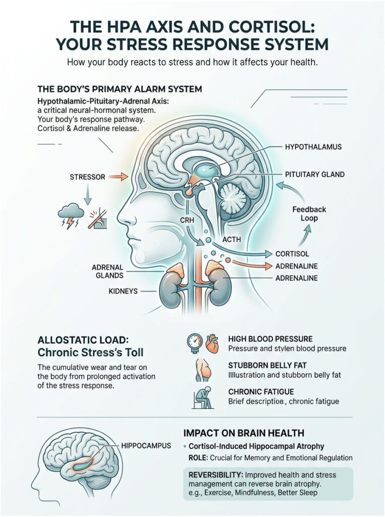 Infographic illustrating the HPA axis and stress response, showing brain, adrenal glands, and health impacts.