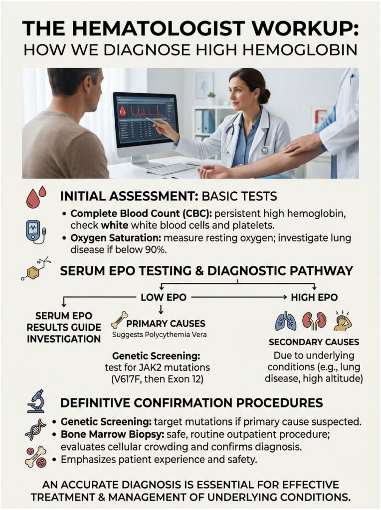 Infographic detailing the hematologist workup for diagnosing high hemoglobin, including tests and pathways.