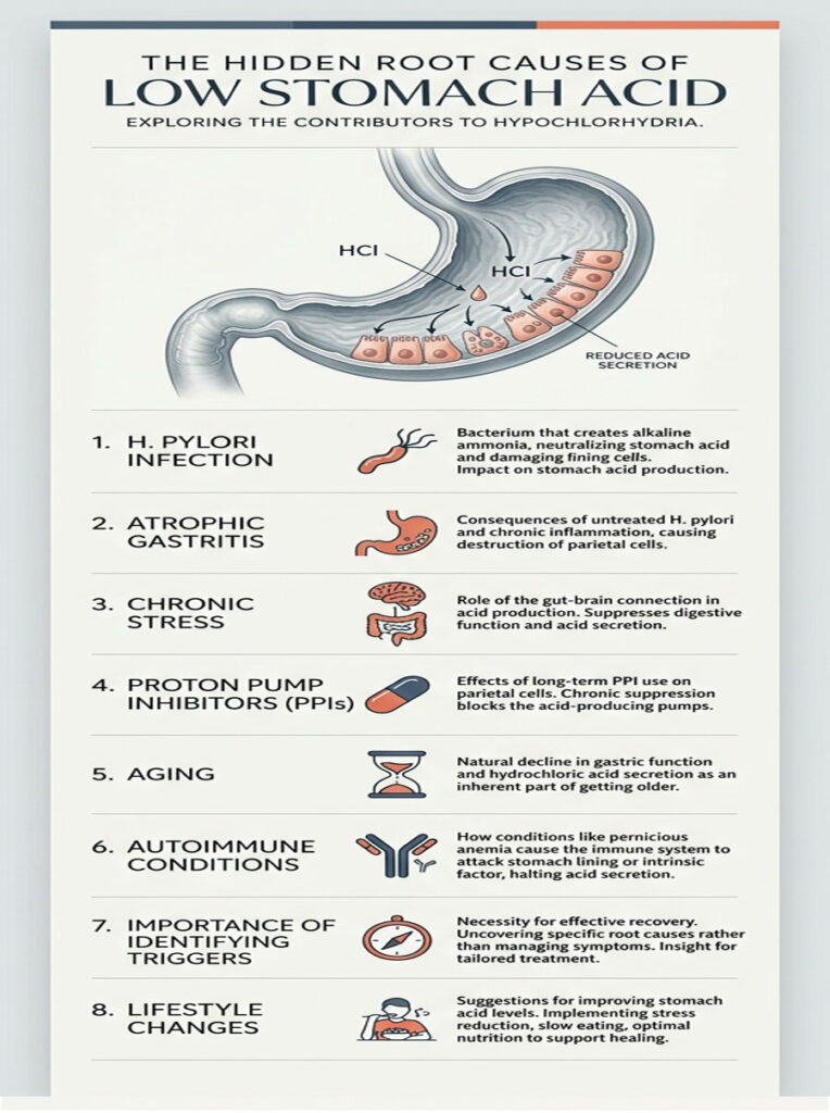 Infographic showing causes of low stomach acid, including H. pylori infection and lifestyle changes.