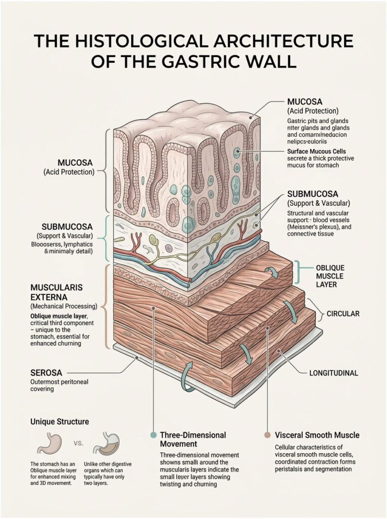 Detailed illustration of the gastric wall's histological architecture, showing layers and functions like mucosa and submucosa. Infographic.