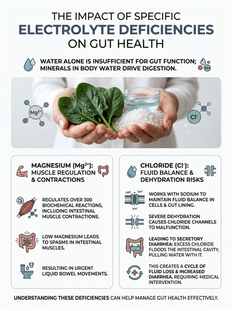 Infographic showing electrolyte deficiencies' impact on gut health, featuring magnesium and chloride details, icons, and illustrations.