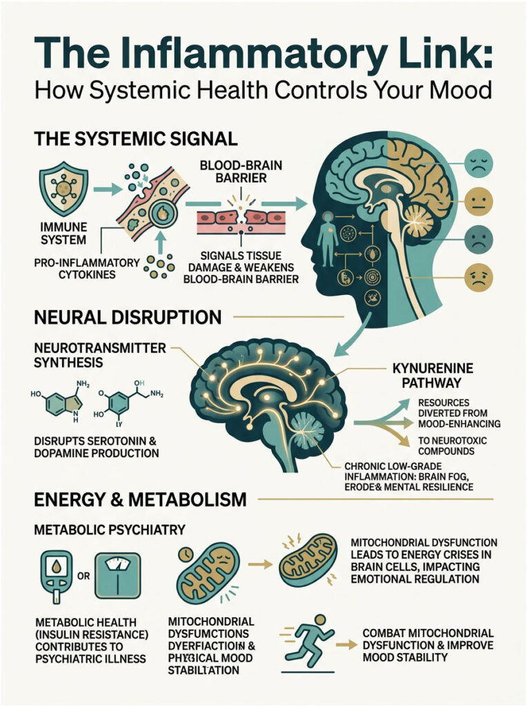 Infographic showing the link between systemic health and mood, detailing immune signals, neural disruption, and metabolism effects.