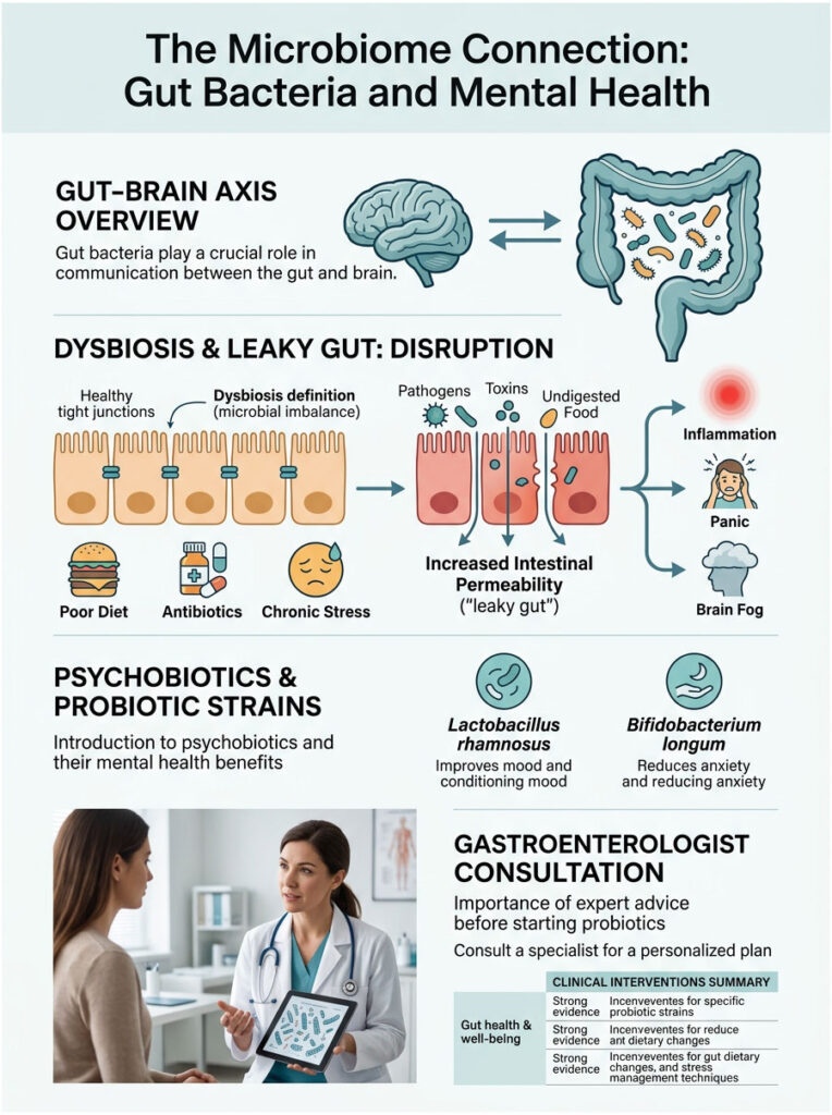 Infographic showing the gut-brain axis, dysbiosis, and probiotic benefits for mental health.