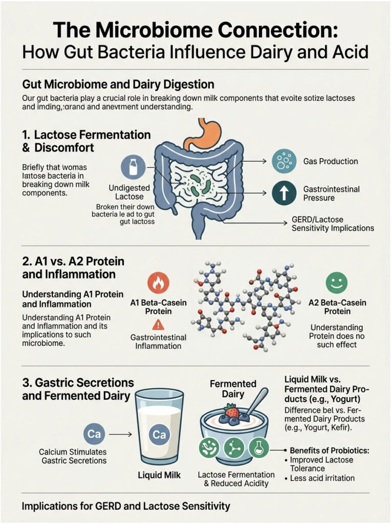 Infographic showing how gut bacteria influence dairy digestion, including lactose fermentation and protein types.