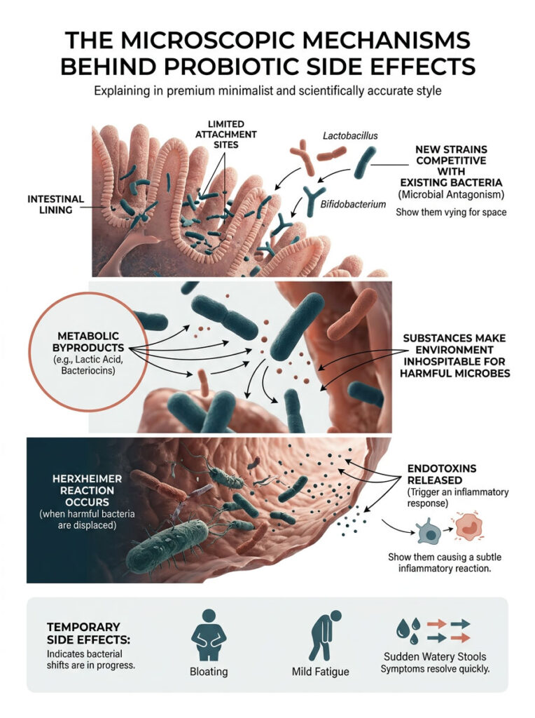 Infographic explaining probiotic side effects with illustrations of intestinal lining and bacteria interactions.