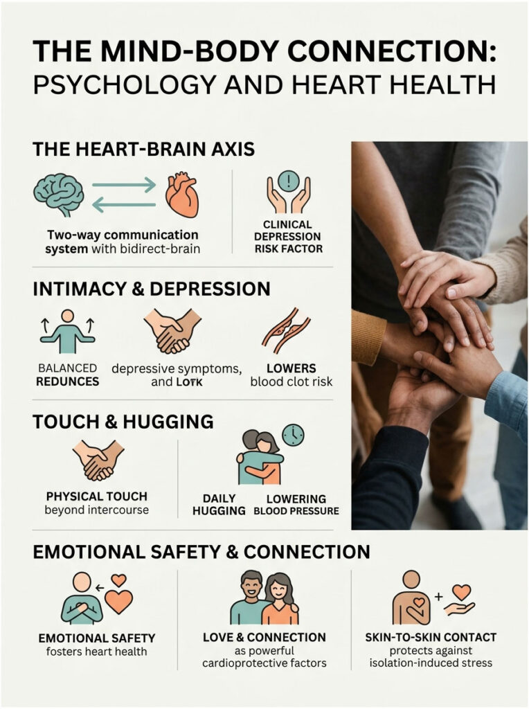 Infographic illustrating the mind-body connection, highlighting heart-brain axis, intimacy, touch, and emotional safety.
