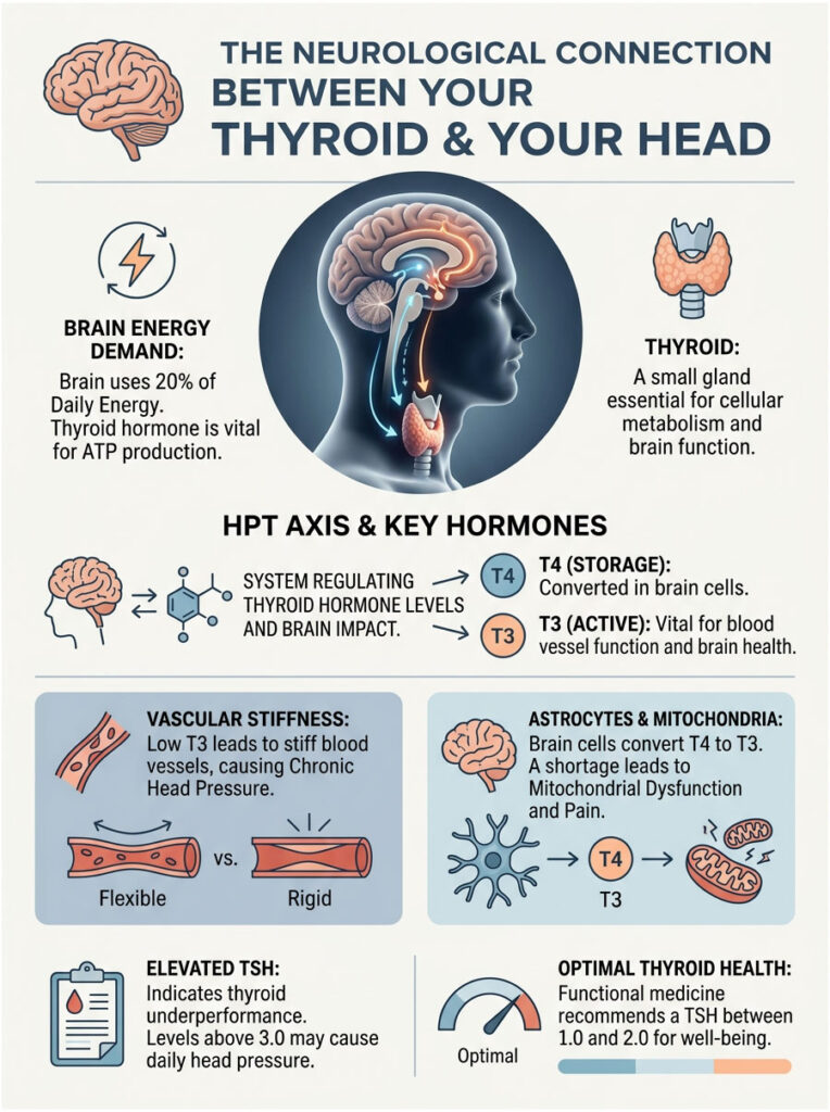 Infographic illustrating the neurological connection between the thyroid and brain, detailing energy demand and hormone functions.