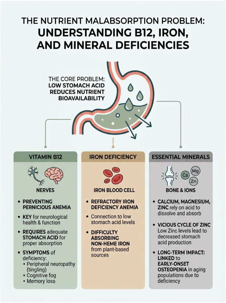 Infographic explaining B12, iron, and mineral deficiencies with stomach acid's role in nutrient absorption.