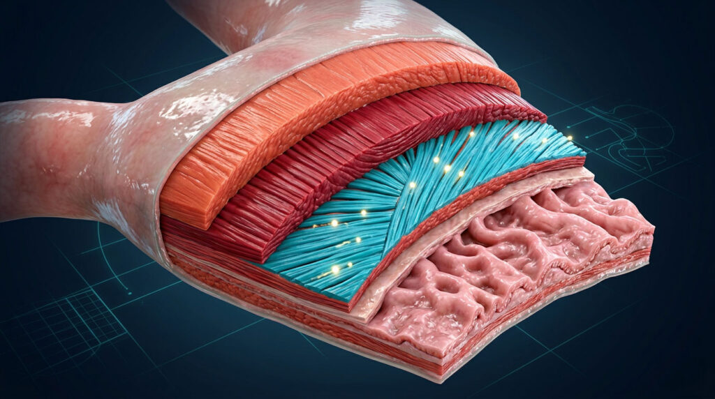 A detailed cross-section of muscle tissue showing layers in various colors, including red, blue, and pink.