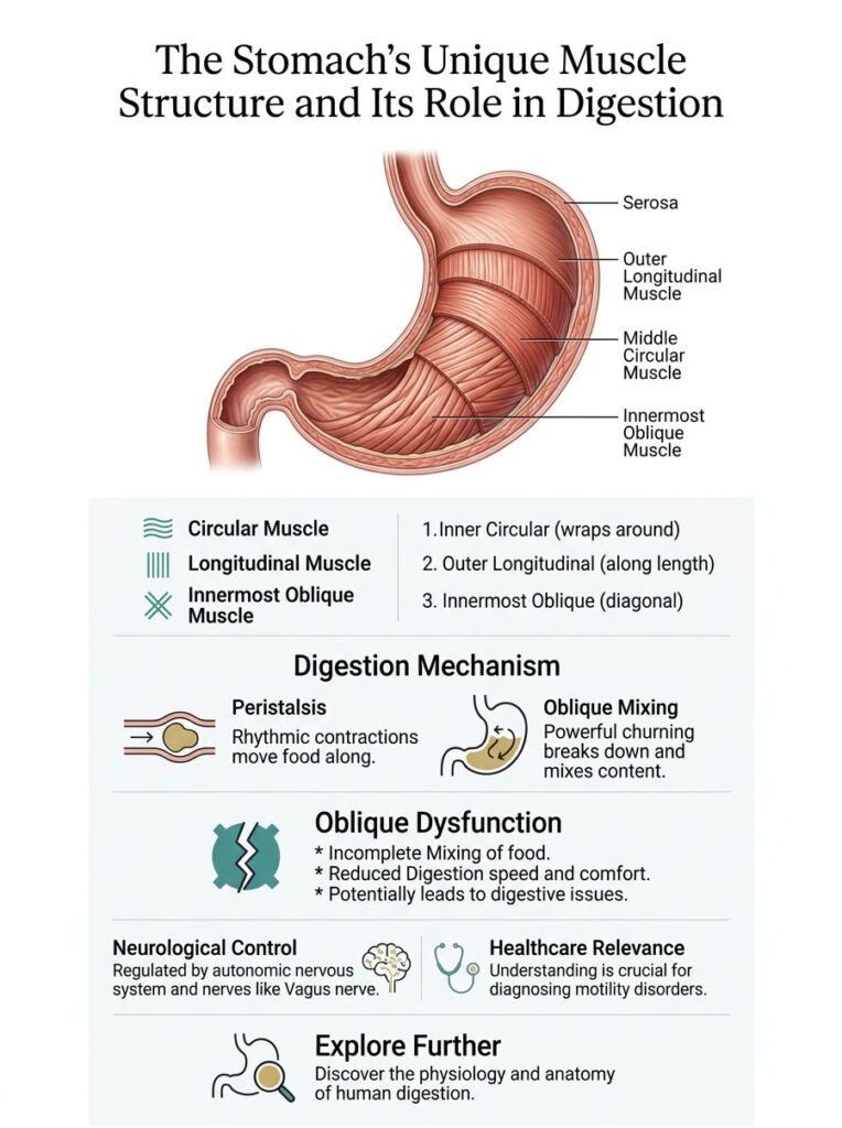 Diagram of stomach muscle structure with labels for circular, longitudinal, and oblique muscles, and digestion mechanisms. Infographic.