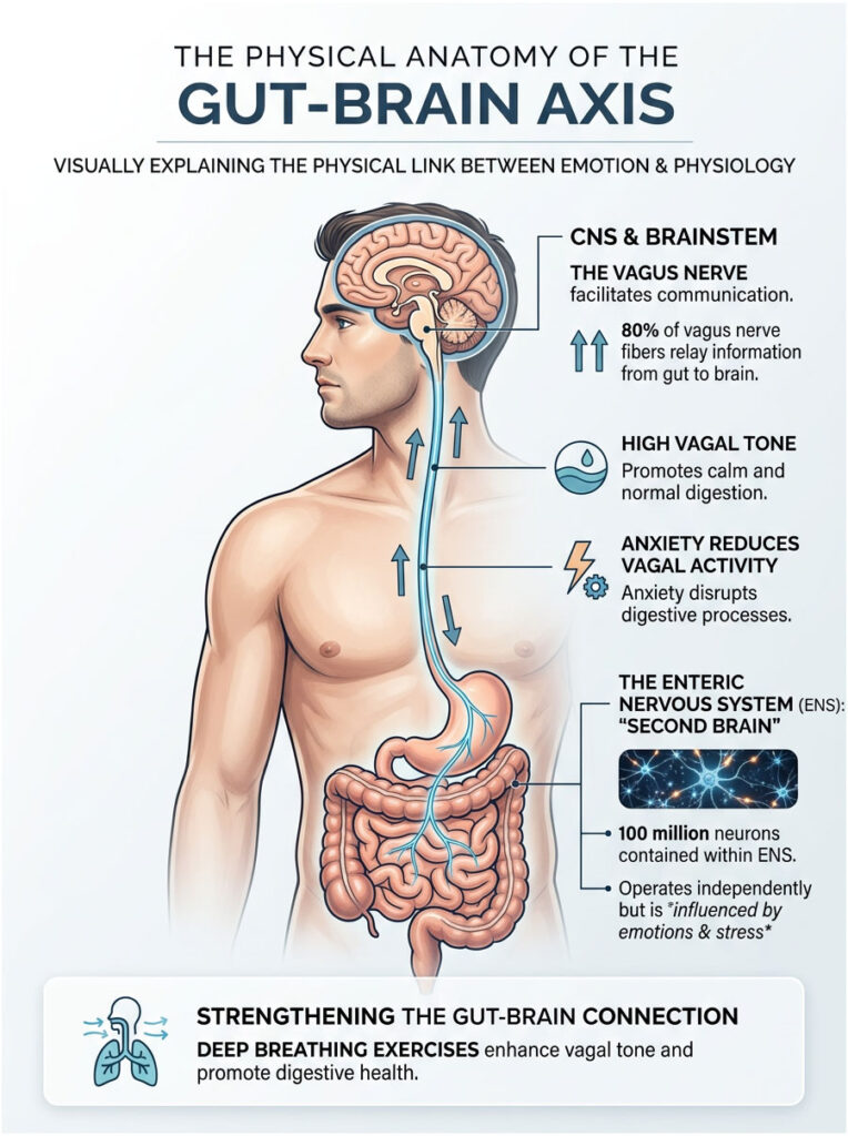 Infographic illustrating the gut-brain axis, showing the brain, vagus nerve, and digestive system connections with key data points.