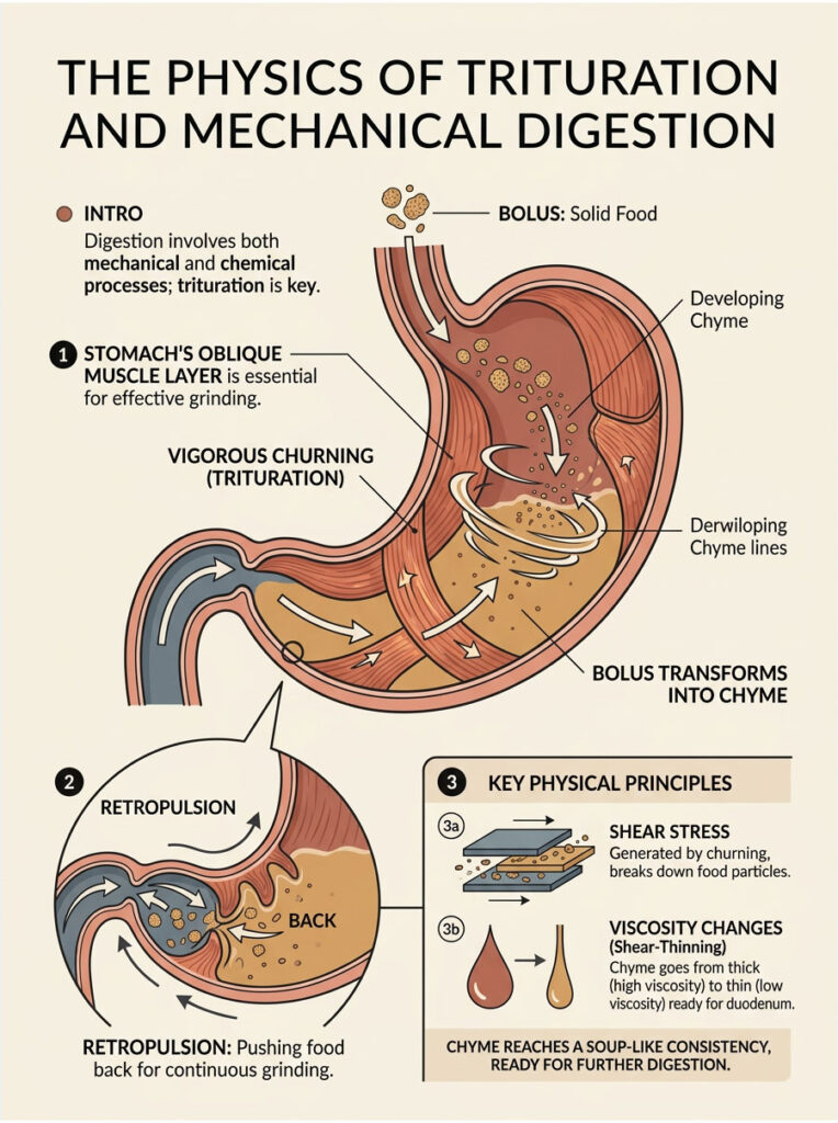 Infographic illustrating the physics of trituration and mechanical digestion, showing stomach processes and key principles.