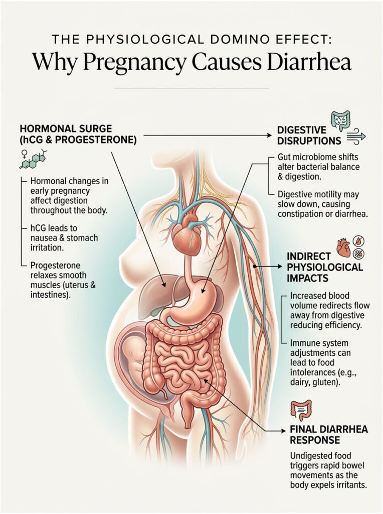 Infographic explaining why pregnancy causes diarrhea, showing hormonal surges and digestive disruptions with illustrations.