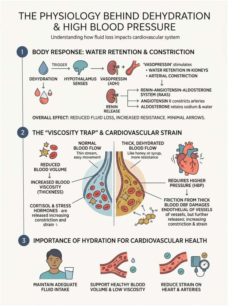 Infographic illustrating dehydration effects on blood pressure, featuring diagrams, text, and icons related to cardiovascular health.