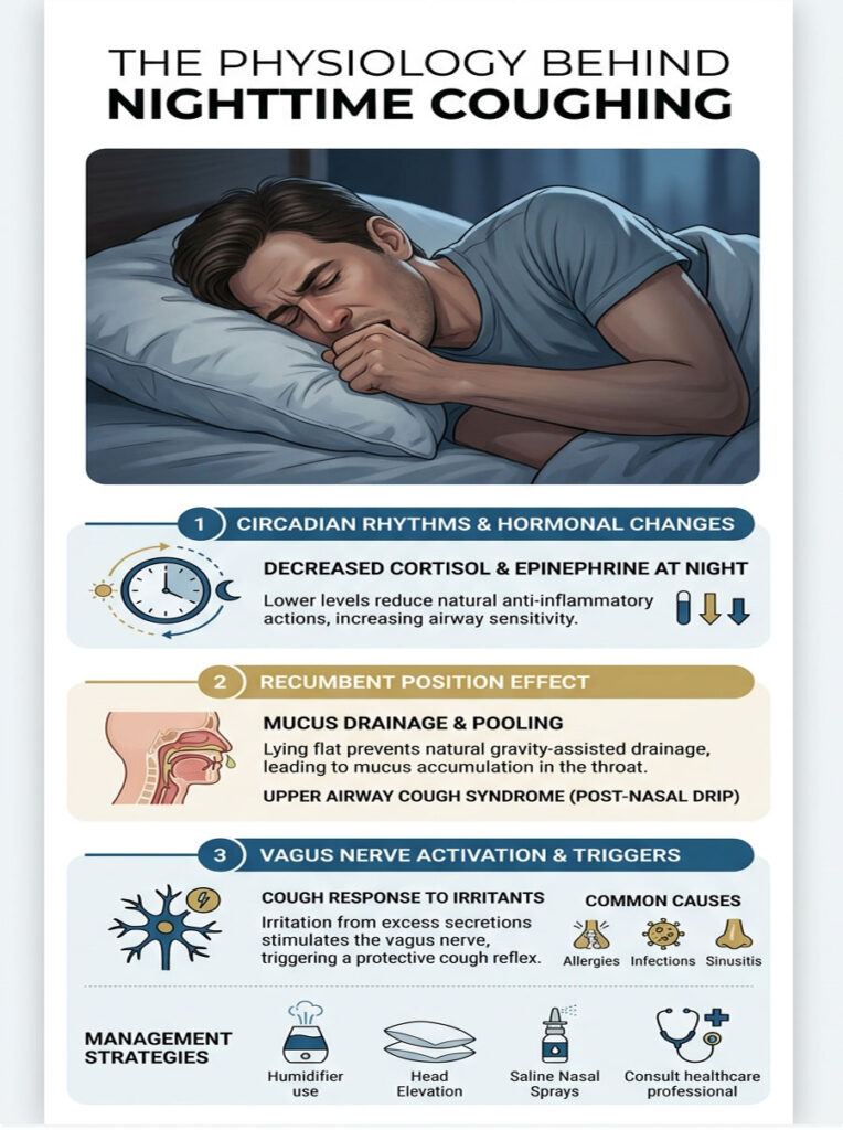 Infographic explaining nighttime coughing causes, featuring text on circadian rhythms, mucus drainage, and vagus nerve activation.