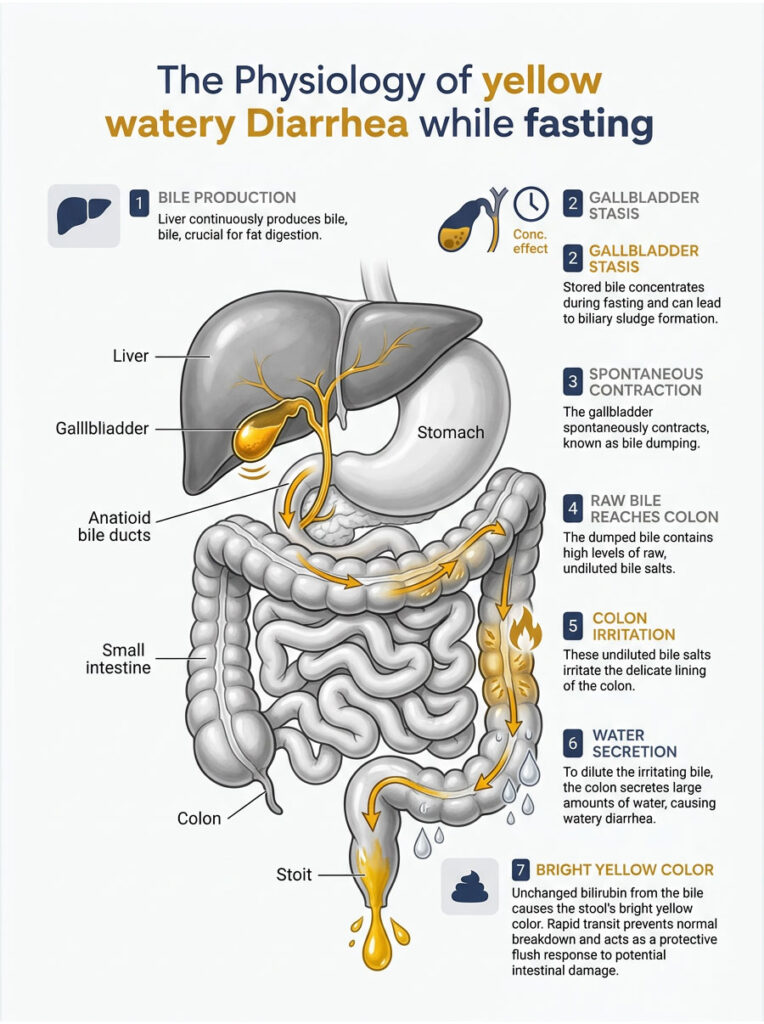 Infographic illustrating the physiology of yellow watery diarrhea while fasting, detailing bile production and colon irritation.