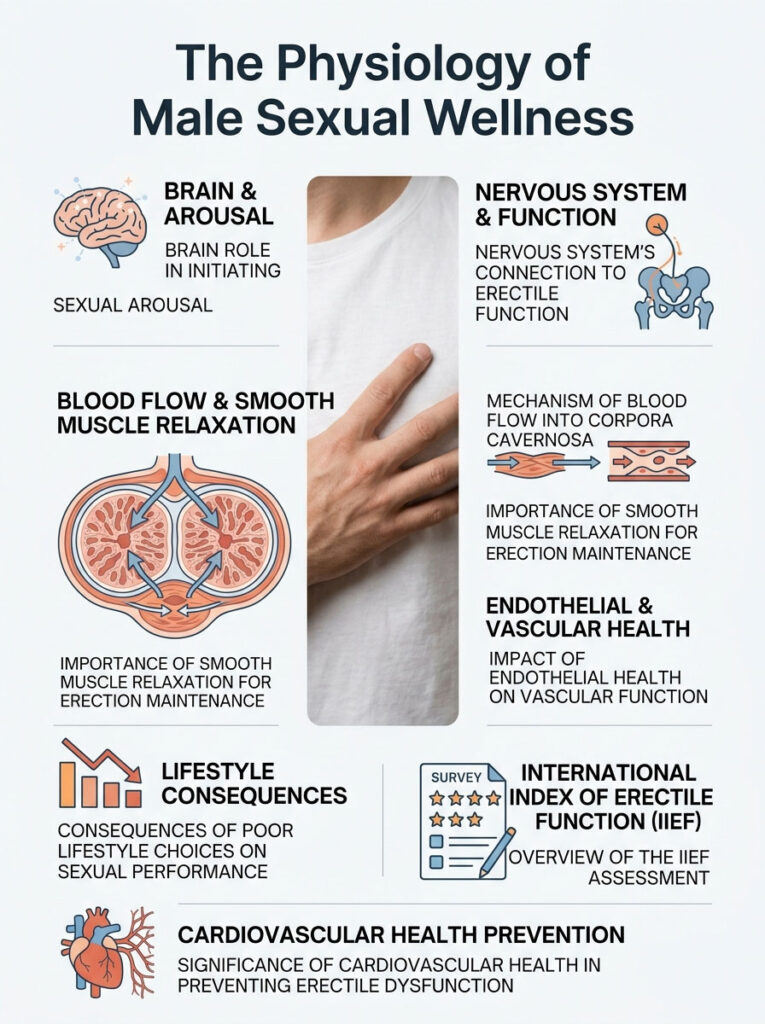 Infographic on male sexual wellness, featuring brain, blood flow, lifestyle consequences, and health prevention elements.