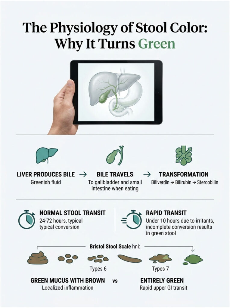 Infographic explaining stool color physiology, showing liver, bile flow, transit times, and Bristol Stool Scale types.