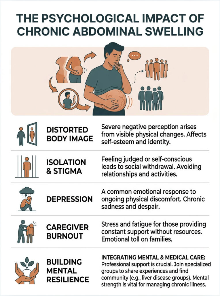Infographic on the psychological impact of chronic abdominal swelling, detailing body image, stigma, and resilience.