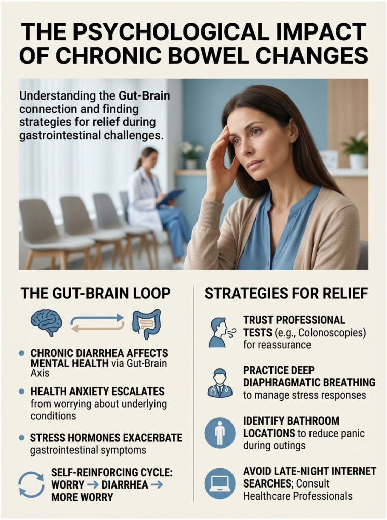Infographic showing the psychological impact of chronic bowel changes, featuring the gut-brain loop and strategies for relief.