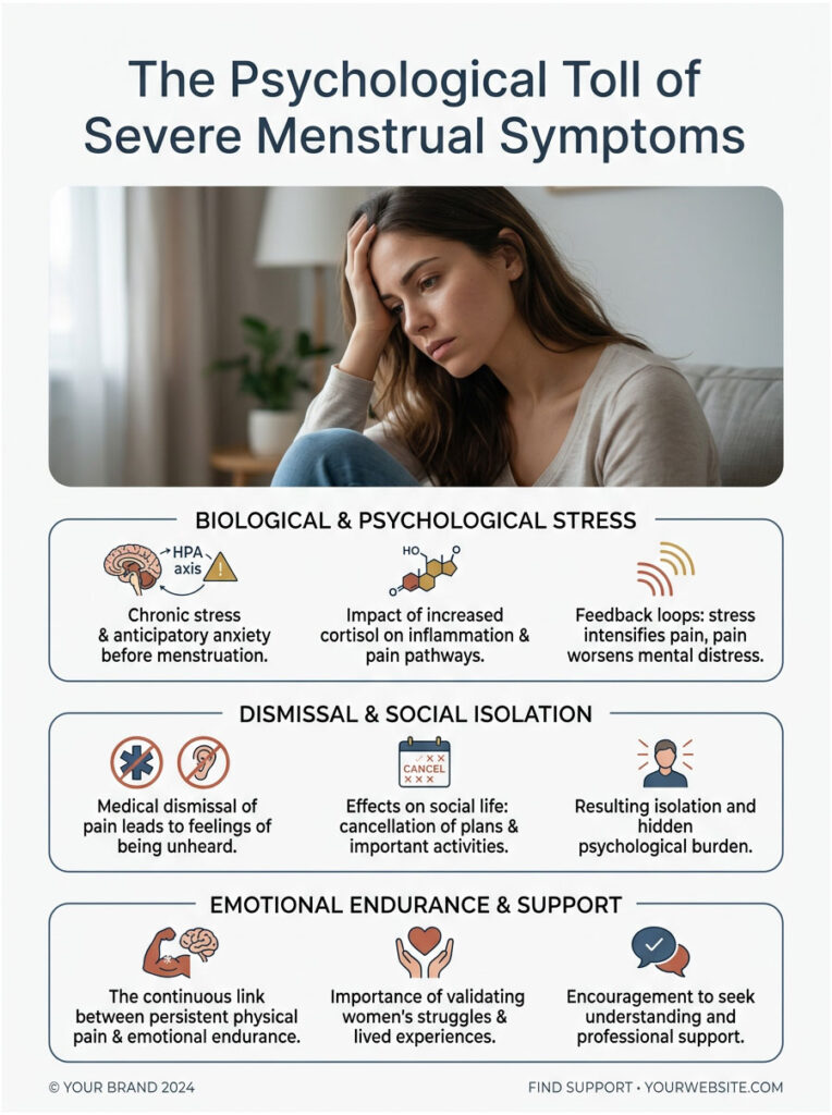 Infographic depicting the psychological toll of severe menstrual symptoms, highlighting stress, isolation, and support.