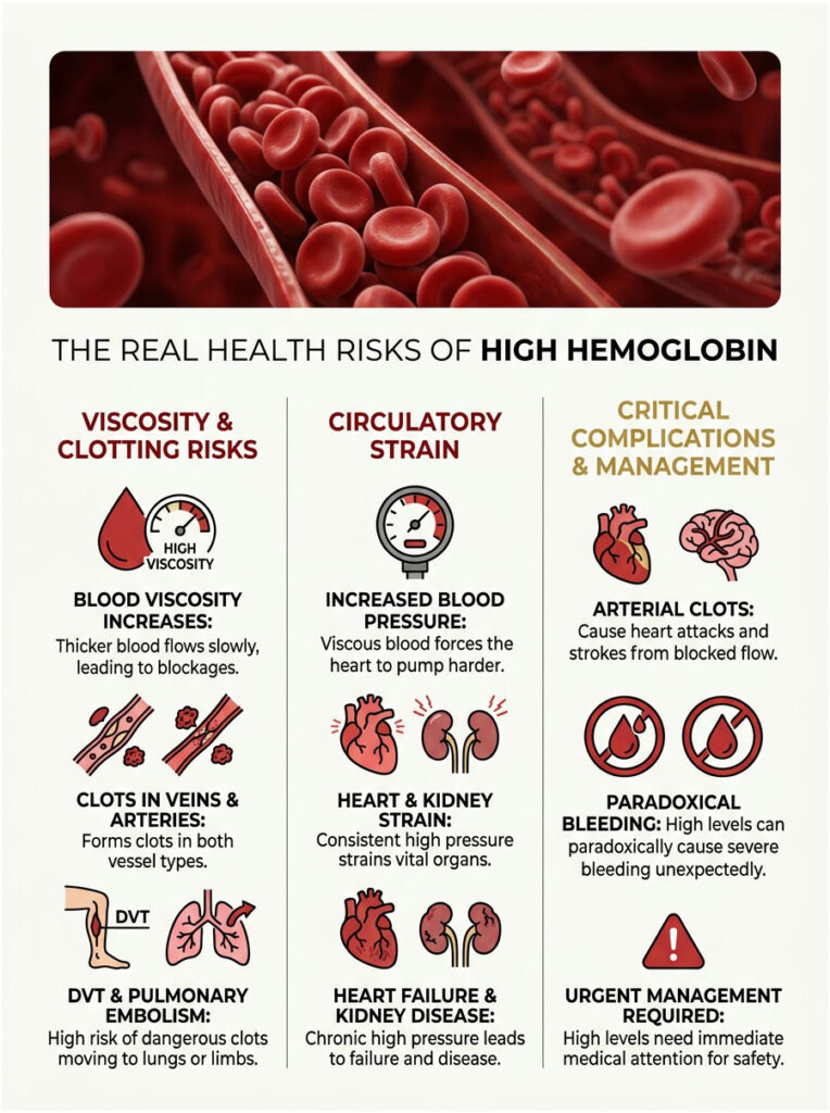 Infographic showing health risks of high hemoglobin, including viscosity, circulatory strain, and complications.