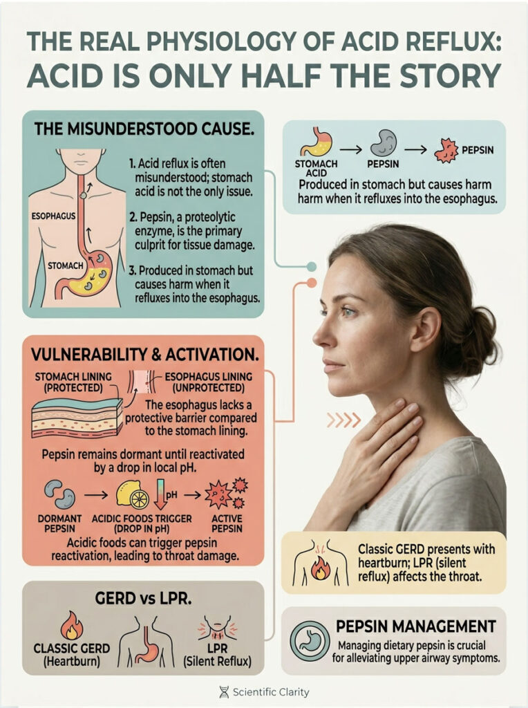 Infographic explaining acid reflux, showing stomach, esophagus, pepsin, and symptoms with illustrations and text.