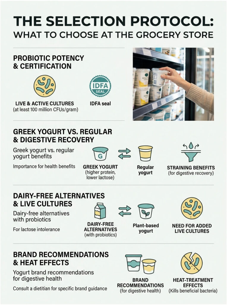Infographic on grocery store yogurt selection, highlighting probiotics, Greek vs. regular yogurt, and dairy-free options.